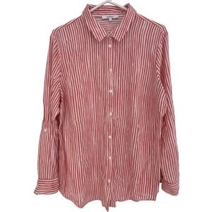 Steilmann Womens 44 L Button Up Shirt Blouse Coral Red Stripe Collared Viscose